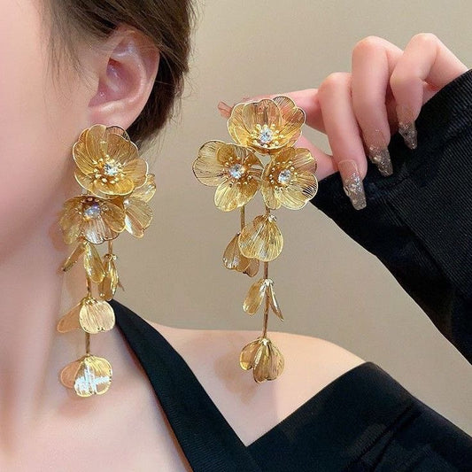 Gold Floral Statement Drop Earrings