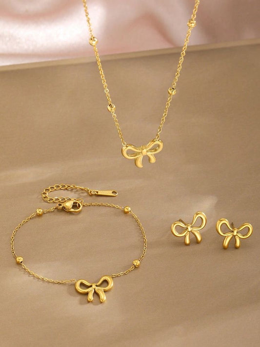 Gold Bow Jewelry Set (Necklace, Bracelet & Earrings)
